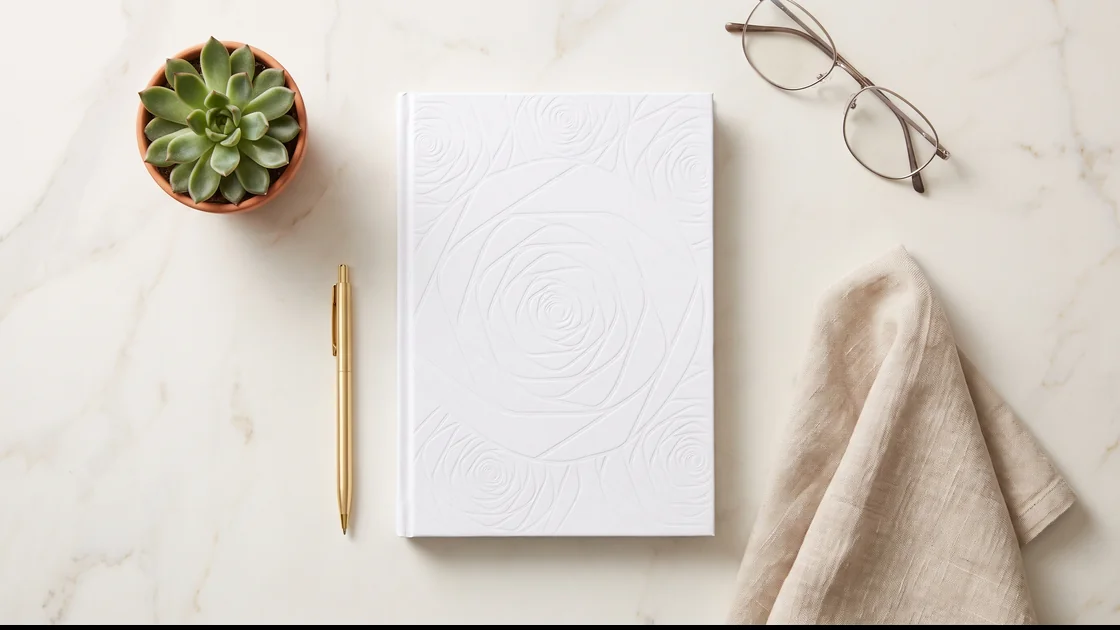 A blank embossed guide on a marble desk with a pen, glasses and linen