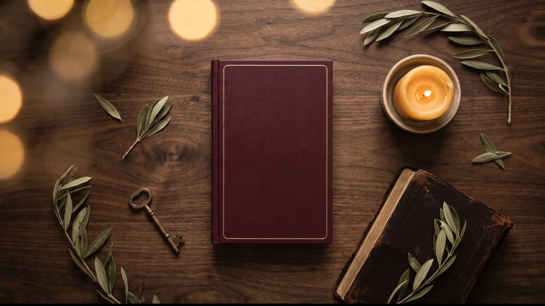 A burgundy guide on dark wood beside a candle, olive leaves and an old key